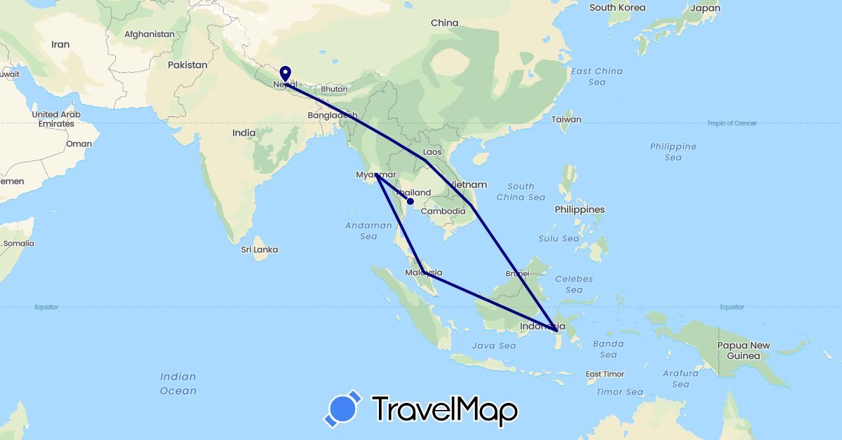 TravelMap itinerary: driving in Indonesia, Laos, Myanmar (Burma), Malaysia, Nepal, Thailand, Vietnam (Asia)